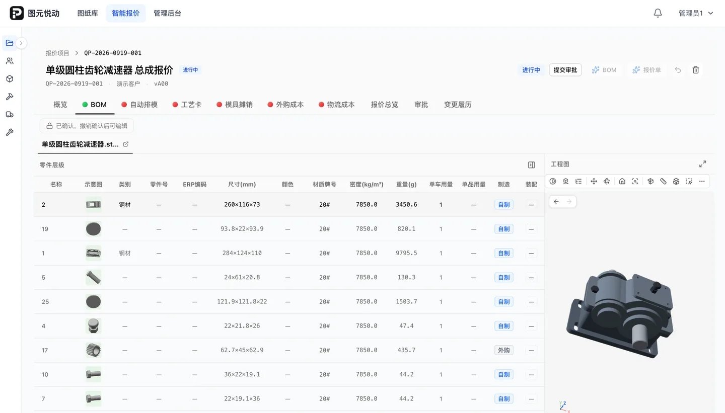 BOM 零件层级表：每行带零件示意图、类别、尺寸、材质牌号 20#、密度 7850 kg/m³、重量与自制／外购标记，右侧工程图面板显示减速器三维模型